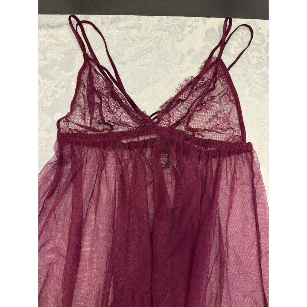 Victoria’s Secret Size Large Neglige Teddy Maroon Chiffon Sexy Lace Chemise - Picture 9 of 9